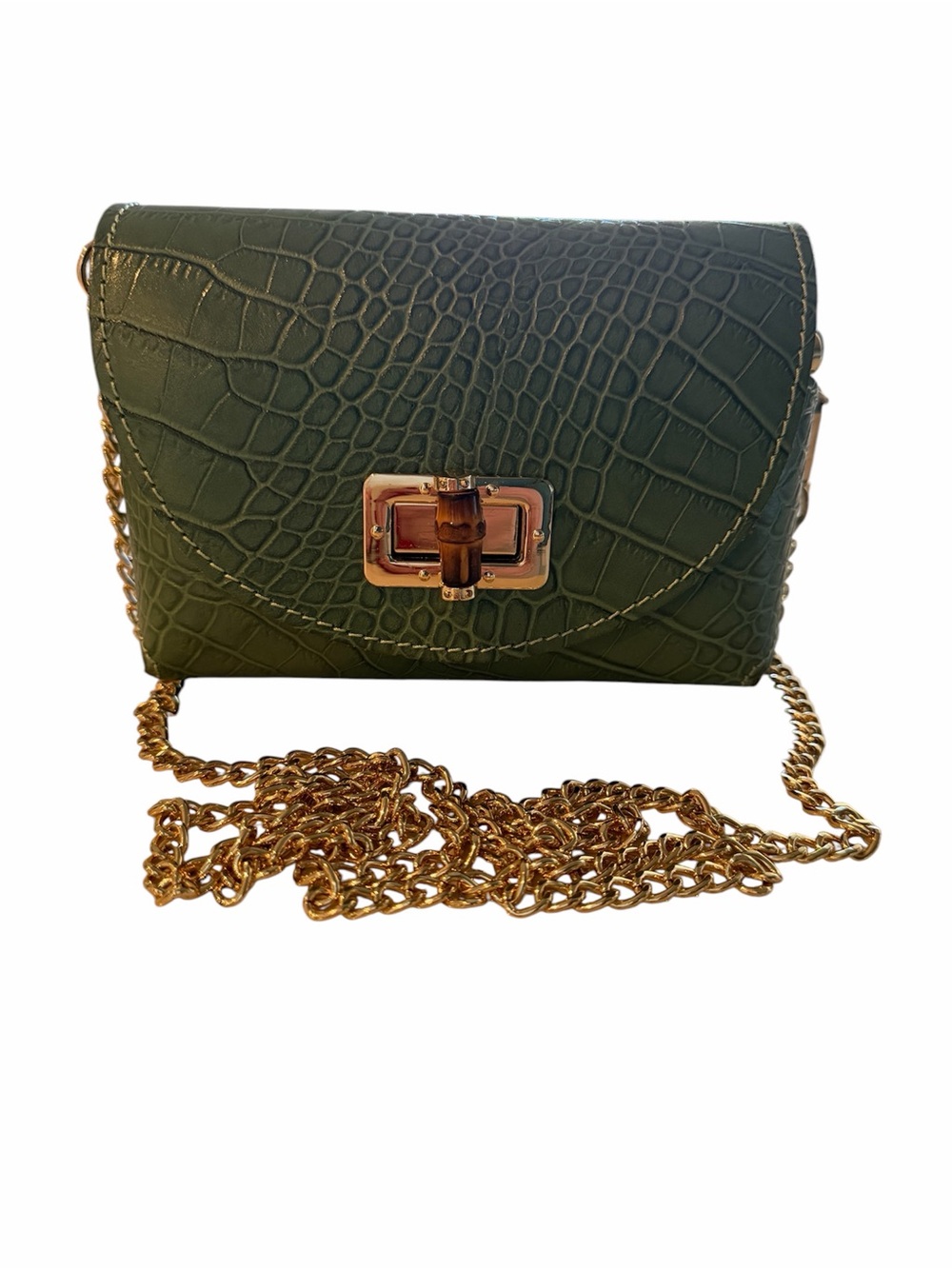 Made in Italy Sage Green Croc-Embossed Leather Chain Crossbody Bag